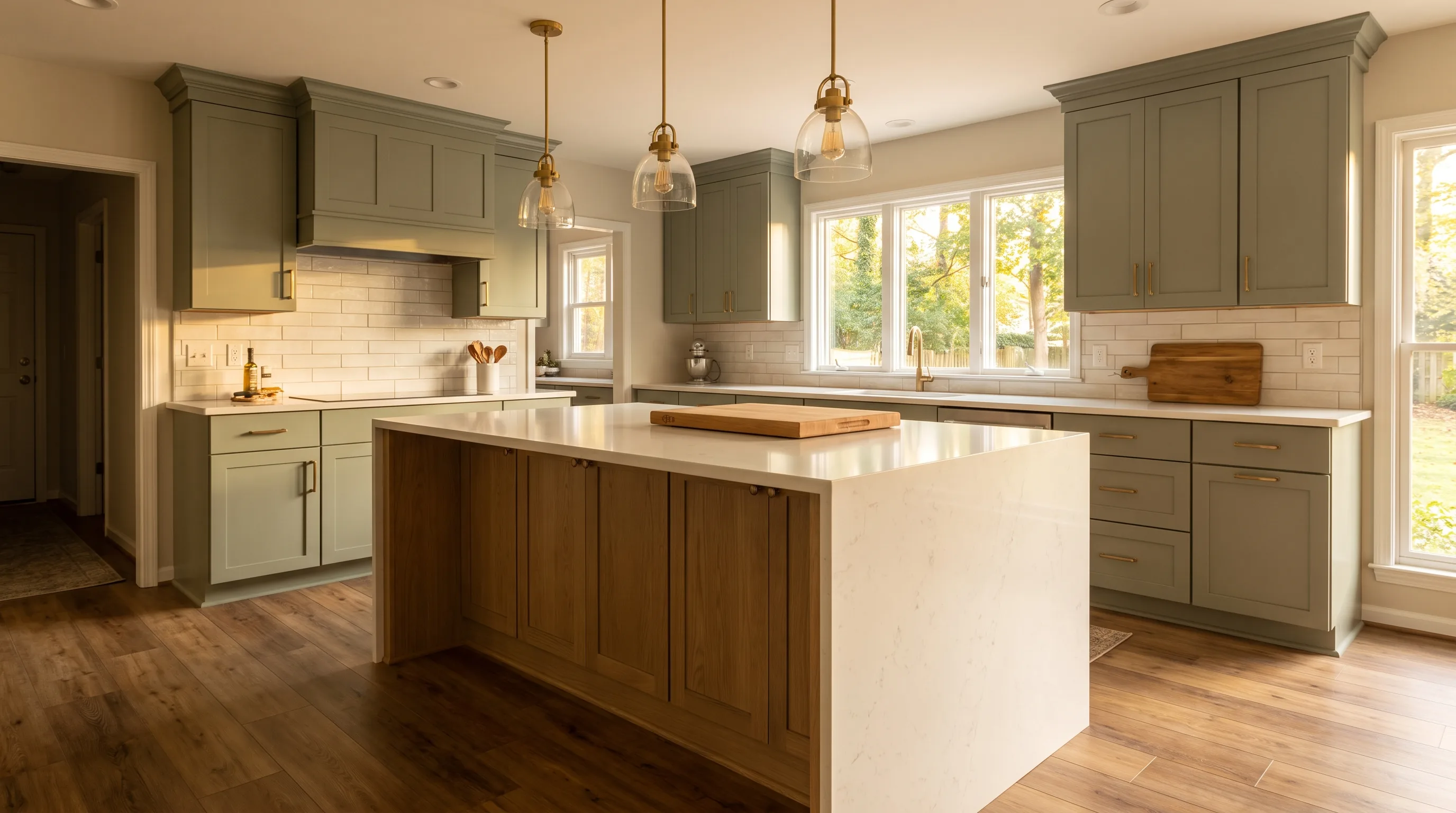 Warm transitional kitchen at golden hour with sage cabinets, a white-oak island, and quartz countertops