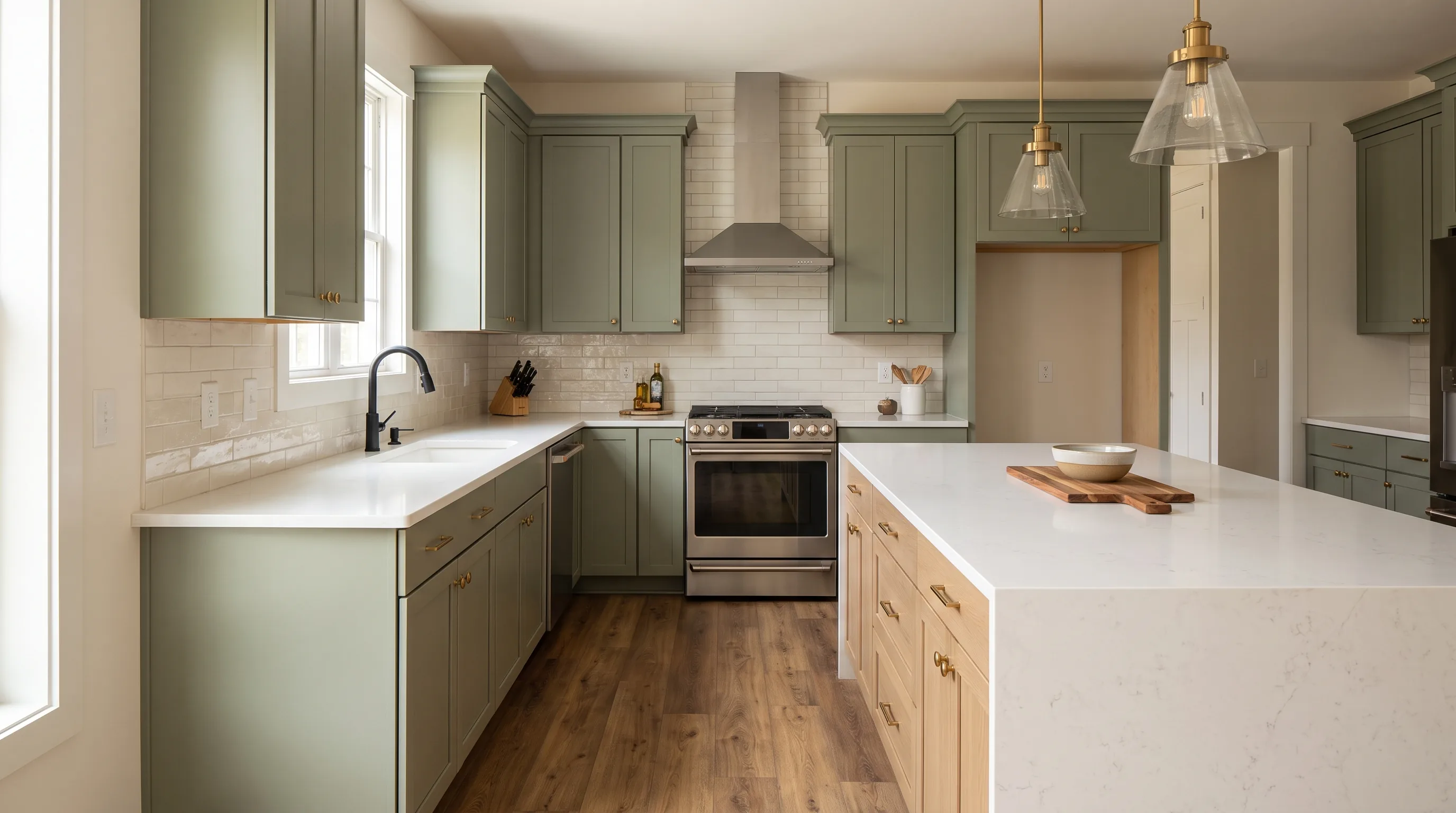 Transitional kitchen with sage-green shaker cabinets, a white-oak island, quartz counters, and a subway tile backsplash