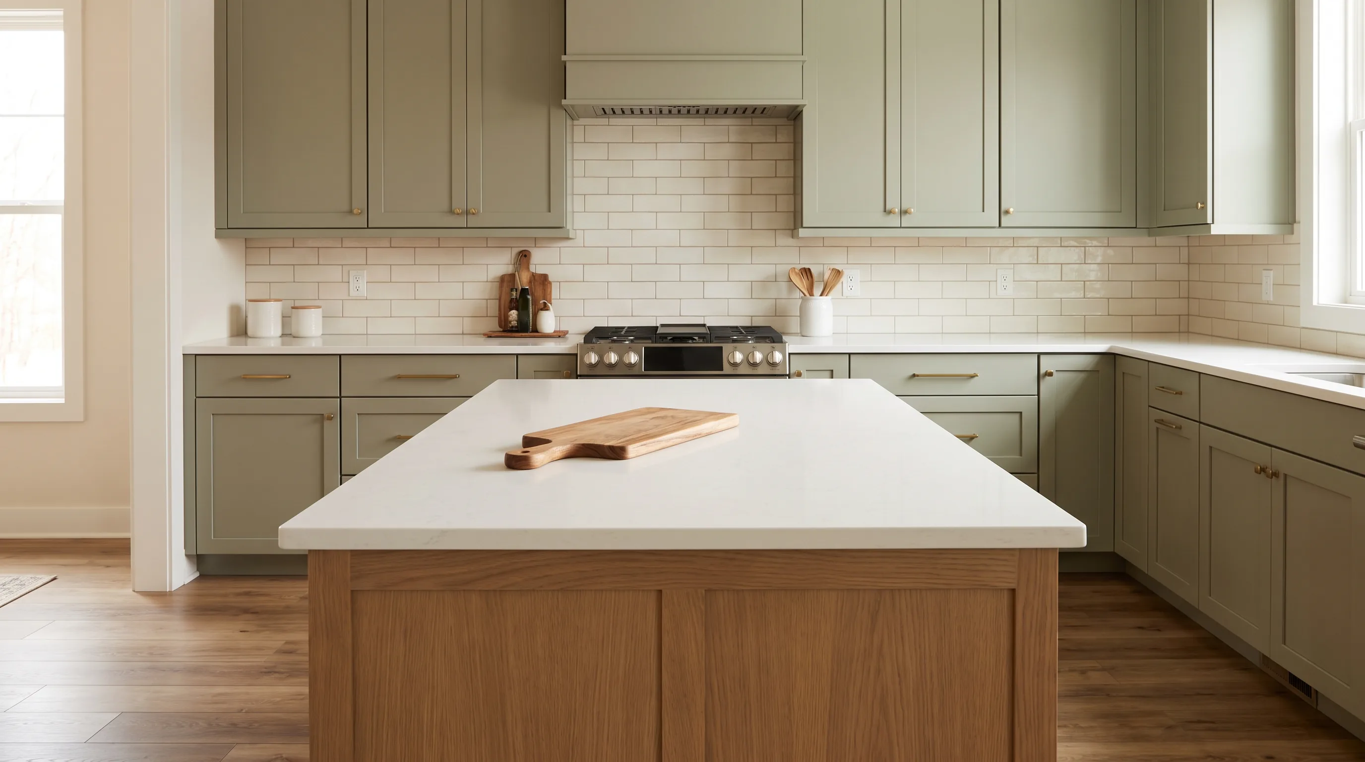Transitional kitchen with sage-green cabinets, a white-oak island, and quartz countertops